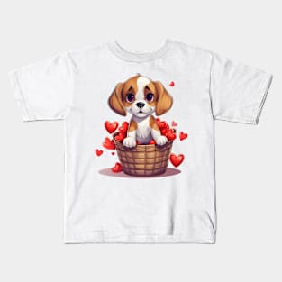 Cartoon Beagle Dog in Hearts Basket Kids T-Shirt